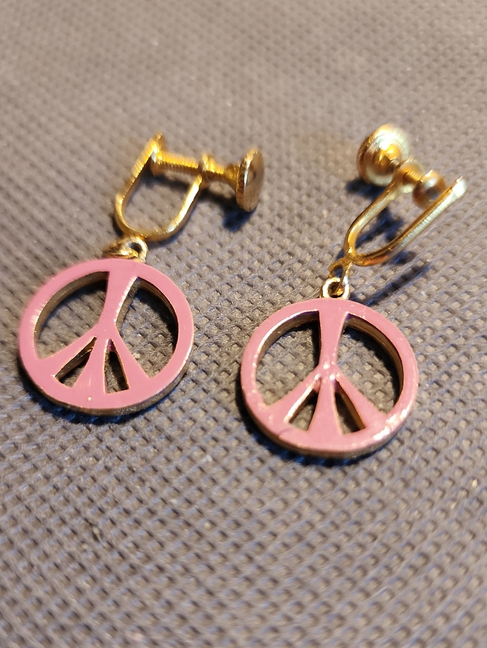 Pink Peace Sign Clip-On Earrings - Gold Tone